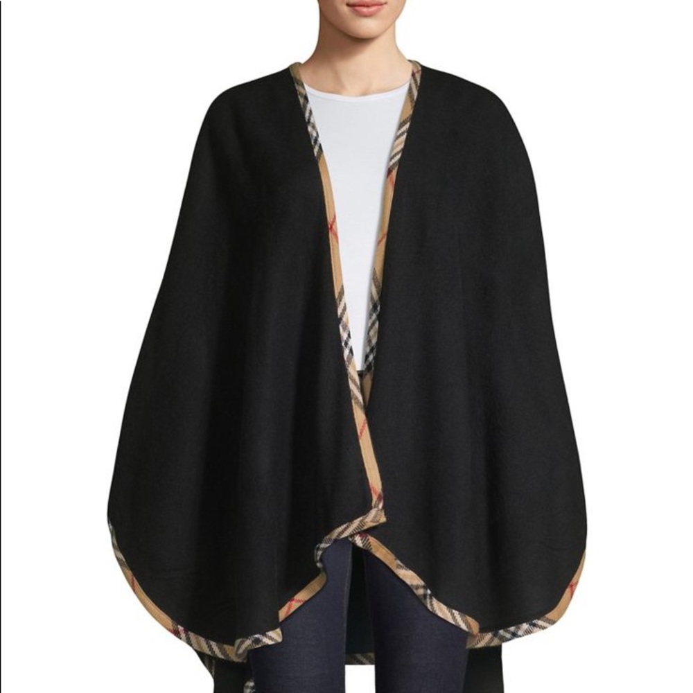 Plaid Trimmed Cape - Black - Lord & Taylor